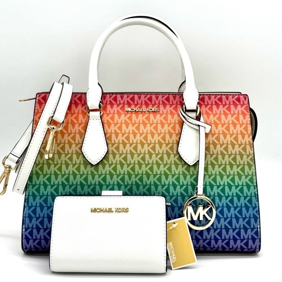Michael Kors Medium Sheila CZ Satchel Bag & Matching Bifold Wallet Rainbow - Picture 2 of 11